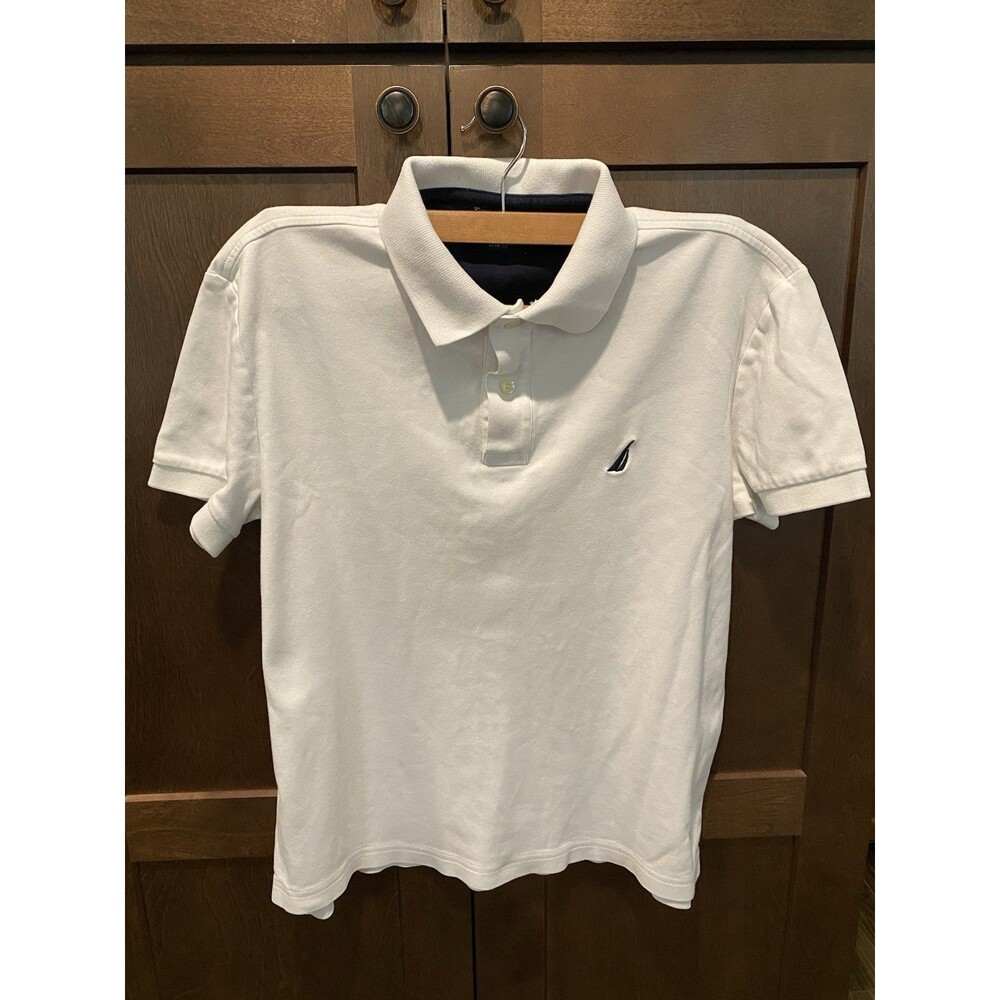 Nautica White Solid Polo Shirt Small Slim Fit Short Sleeve Button Logo